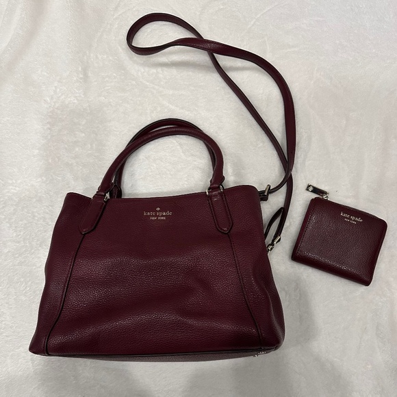 KATE SPADE LEATHER LENA SATCHEL HANDBAG AND MATCHING WALLET BURGUNDY - Picture 1 of 7